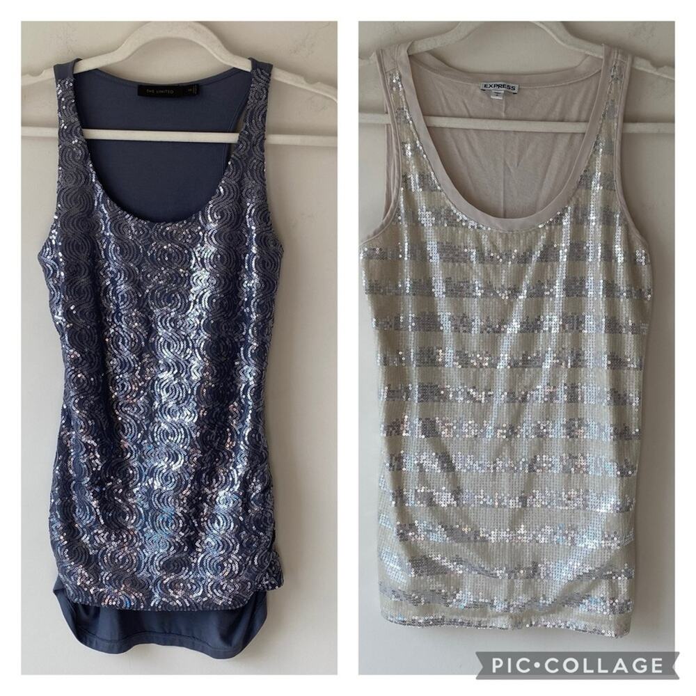 Set of 2 Sequin Tank Tops Sleeveless Gray Beige Size XS/S Express & The Limited